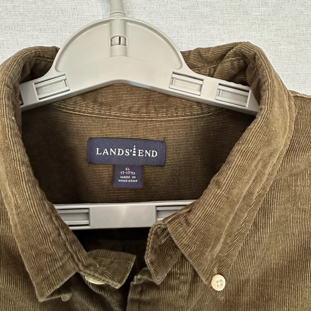LANDS' END MEN'S LONG SLEEVE BUTTON-DOWN SHIRT OLIVE CORDUROY MATERIAL 17-17.5 - Picture 2 of 8